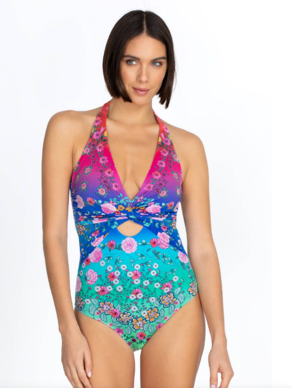 JOHNNY WAS Women's Rainbow One Piece Swimsuit Small Twist Keyhole Floral NWT
